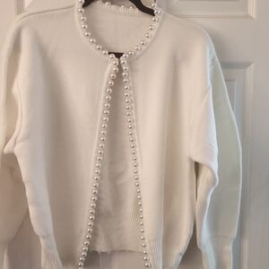 Commense Women's Pearl Trim Ripped Hem Cardigan Long Sleeve White Medium